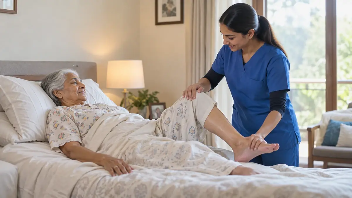 Fisioterapeuta movimentando a perna de uma senhora idosa deitada na cama