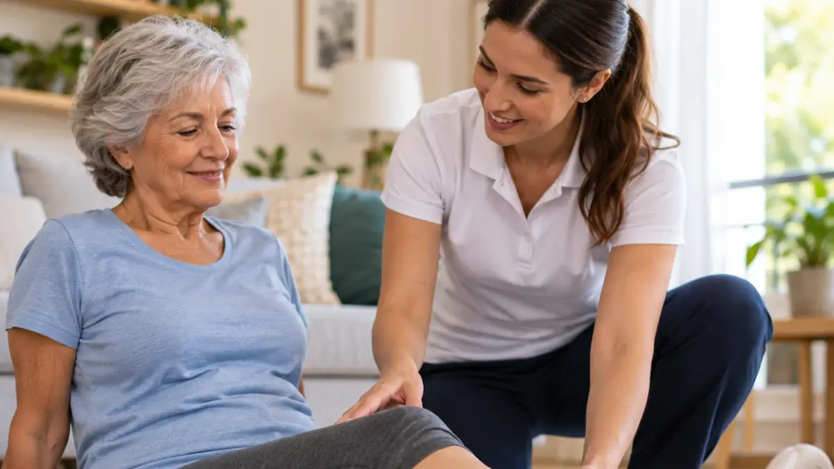 Fisioterapeuta orientando uma senhora em exercício para o joelho com rolo de espuma, em casa