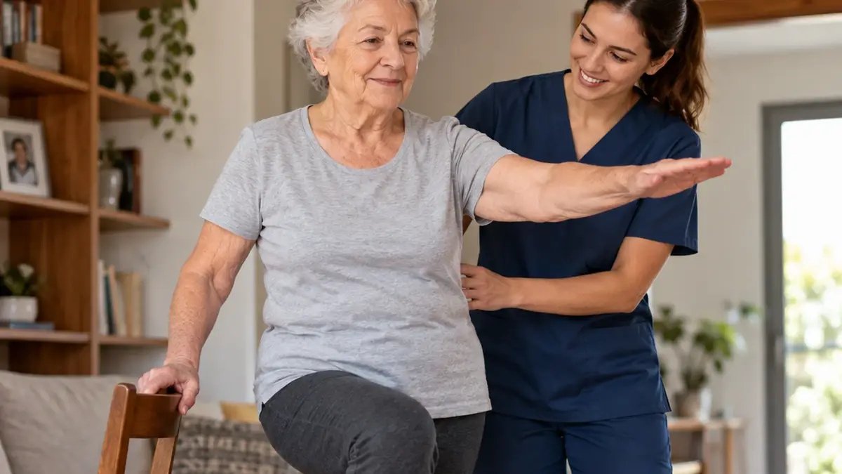 Fisioterapeuta apoiando uma senhora em exercício de equilíbrio, em pé ao lado de uma cadeira
