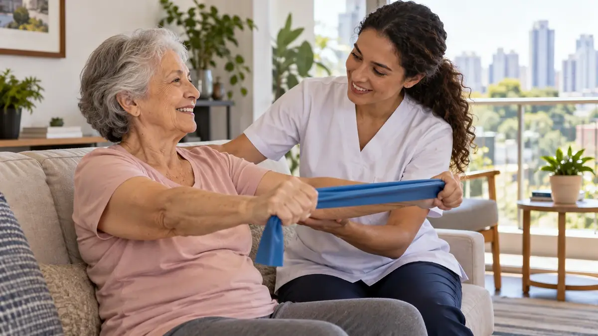 Fisioterapeuta orientando uma senhora idosa em exercício com faixa elástica, sentada no sofá de casa