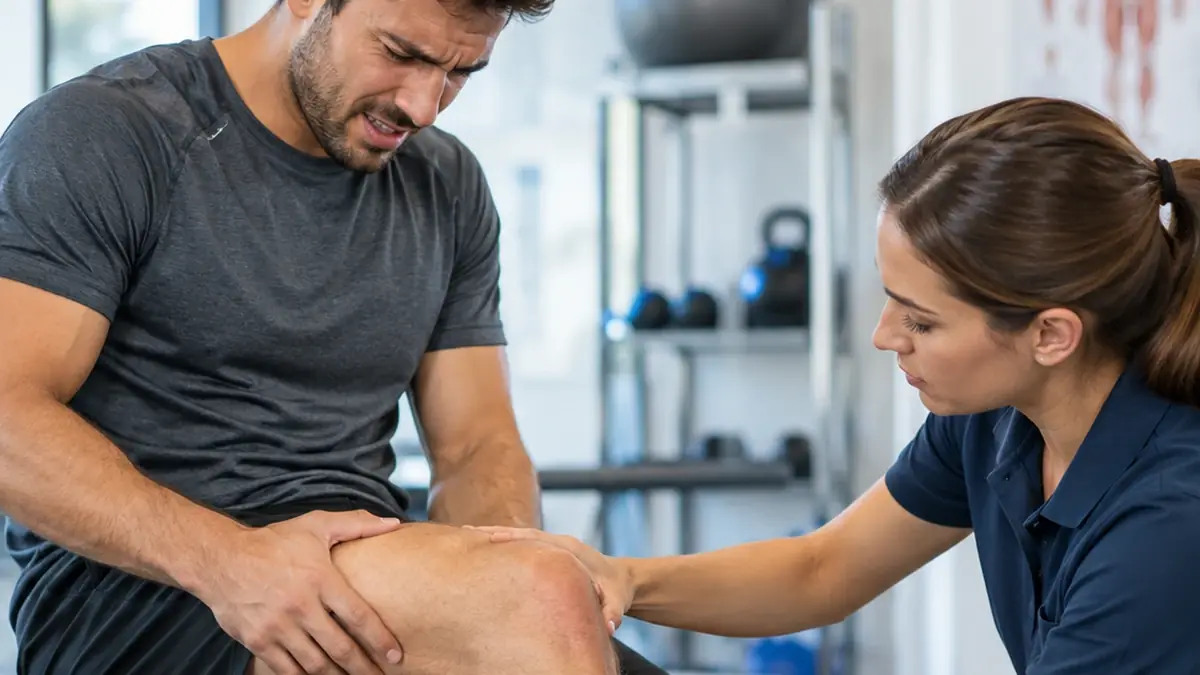 Fisioterapeuta examinando o joelho de um homem com dor